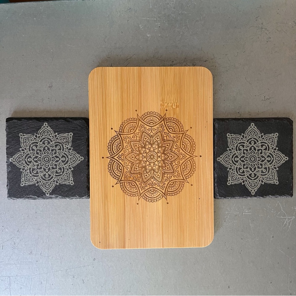 Mandala Laser Engraved Cutting Serving Bamboo Board and Slate Coasters Light